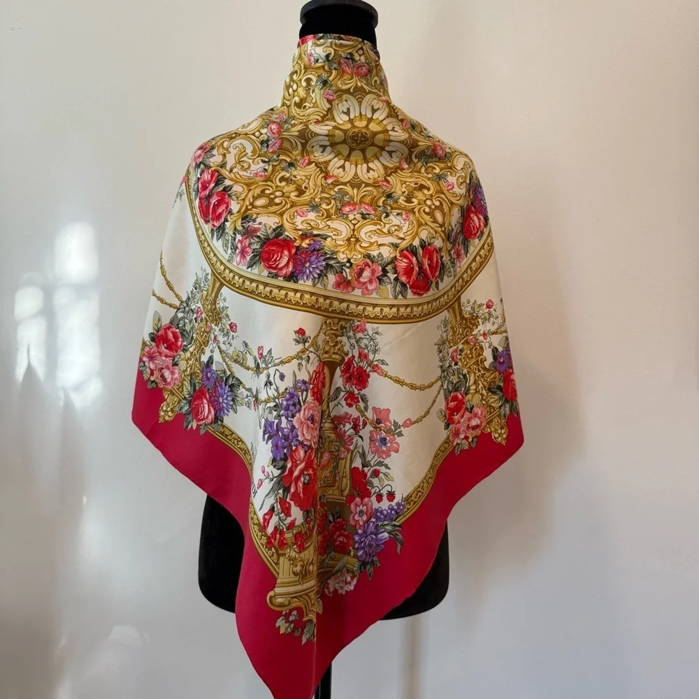 Trussardi Red and Gold Ornate Floral Scarf